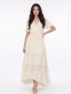 Cream High-Low Wrap Maxi Dress with Lace Panels